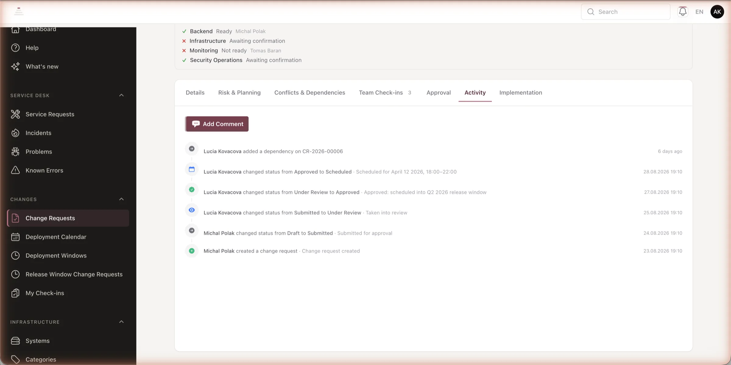 A change request view with its activity history