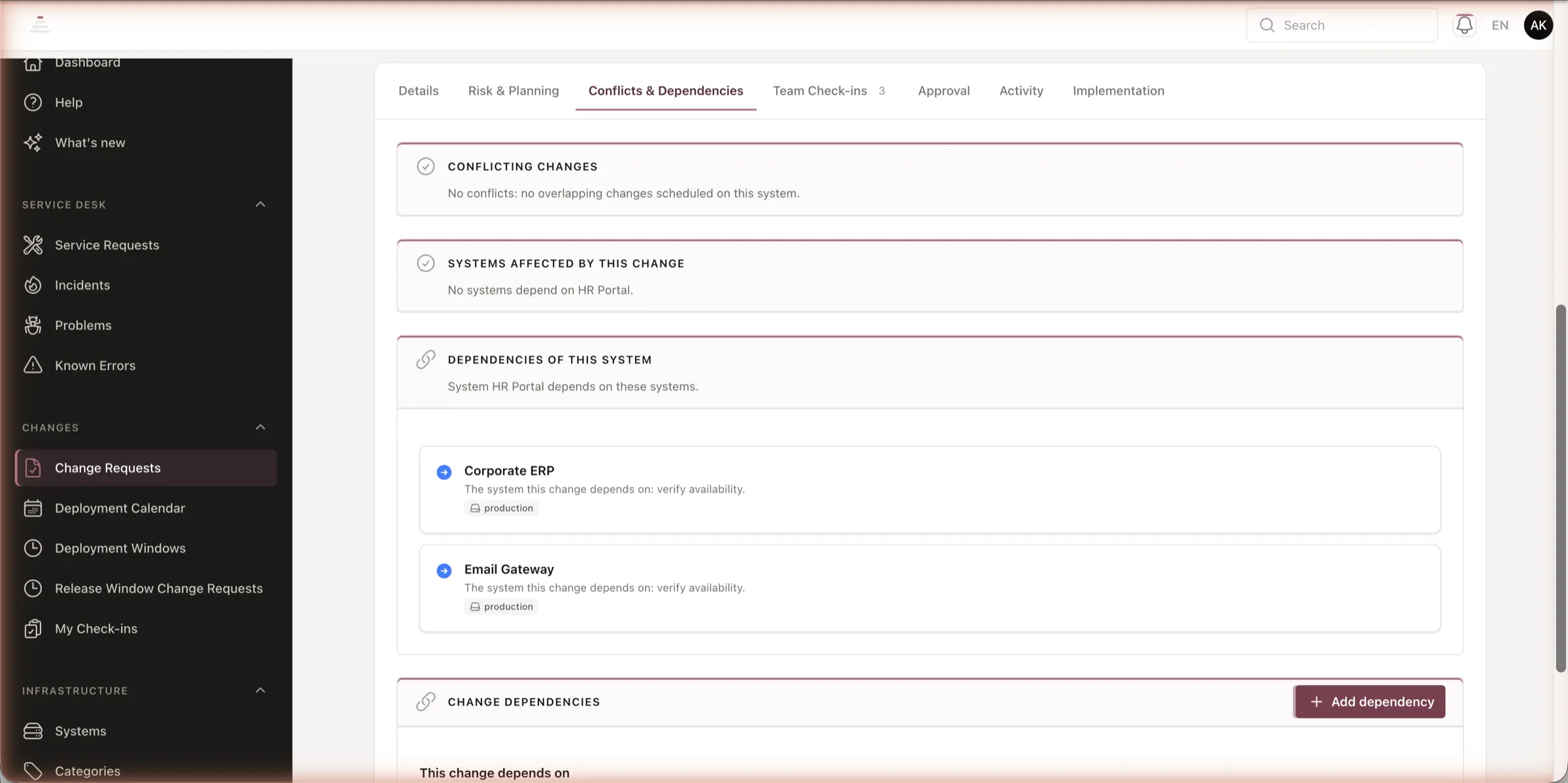 A change request showing conflict detection and dependent-system assessments