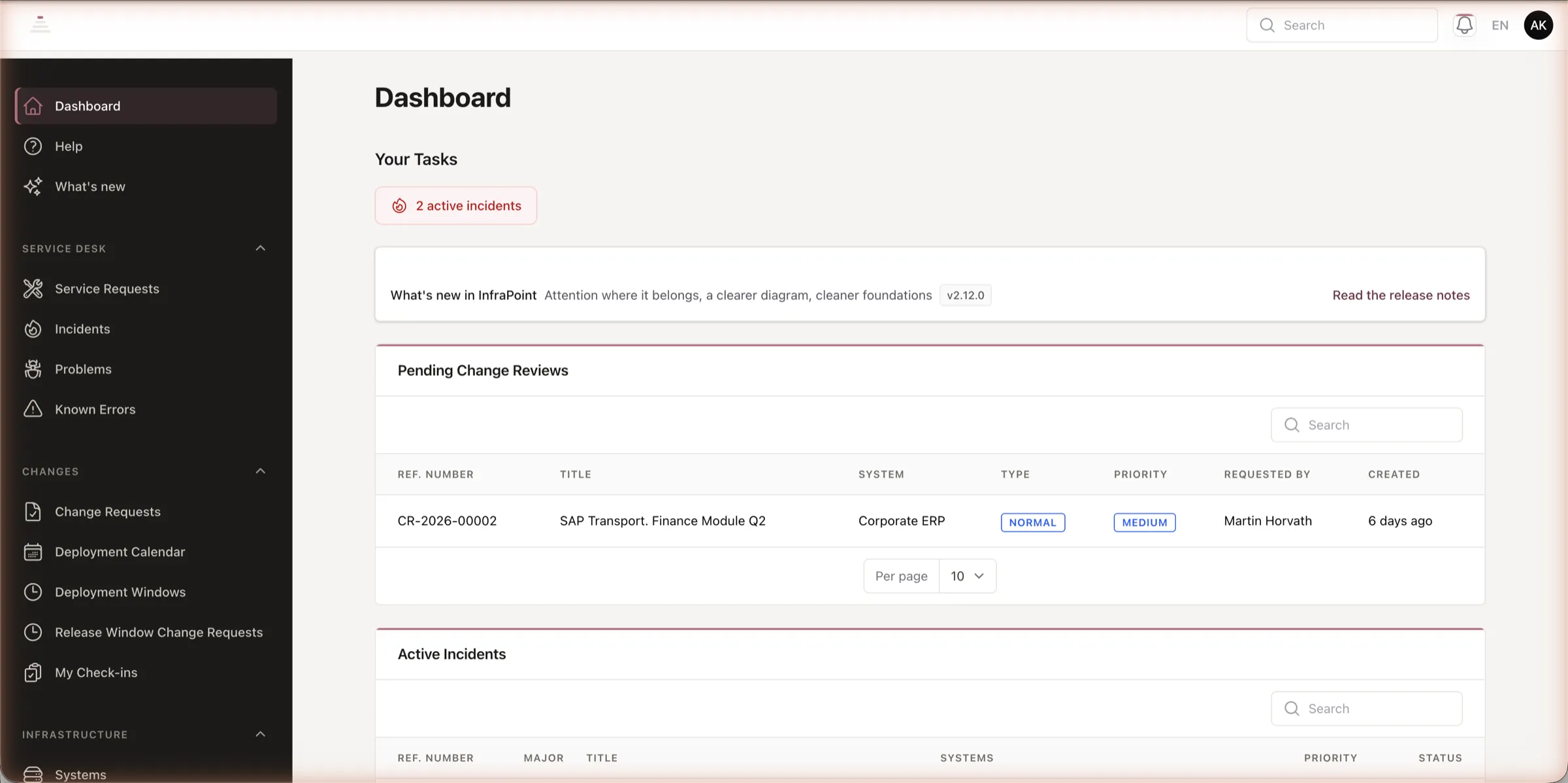 The InfraPoint dashboard with open incidents, SLA status, and upcoming changes