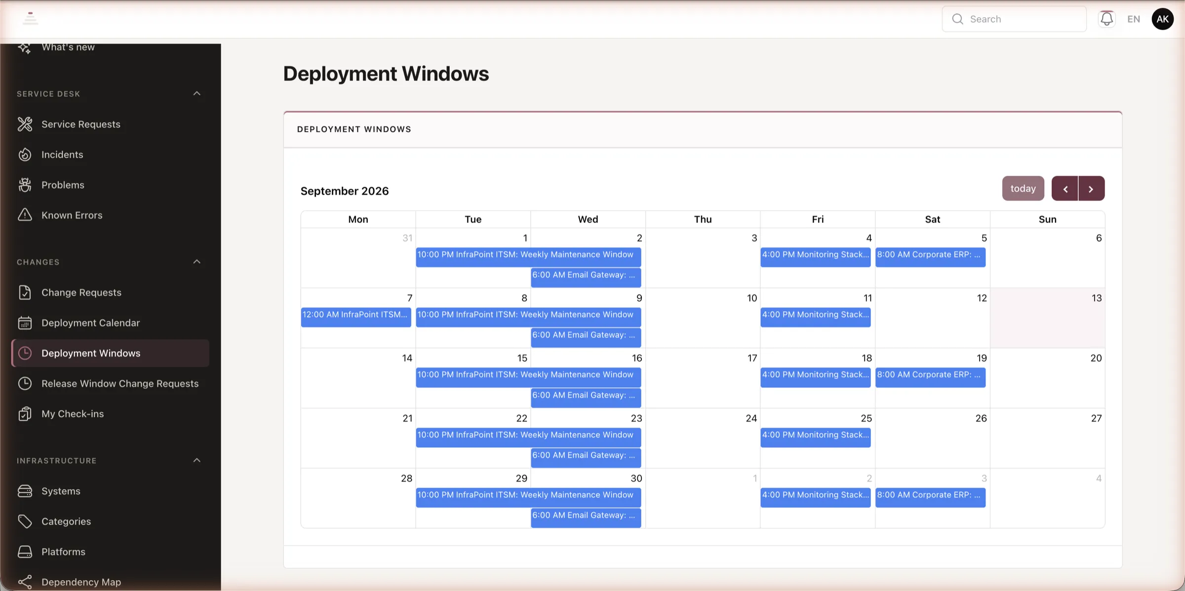 The release calendar showing recurring deployment windows per system