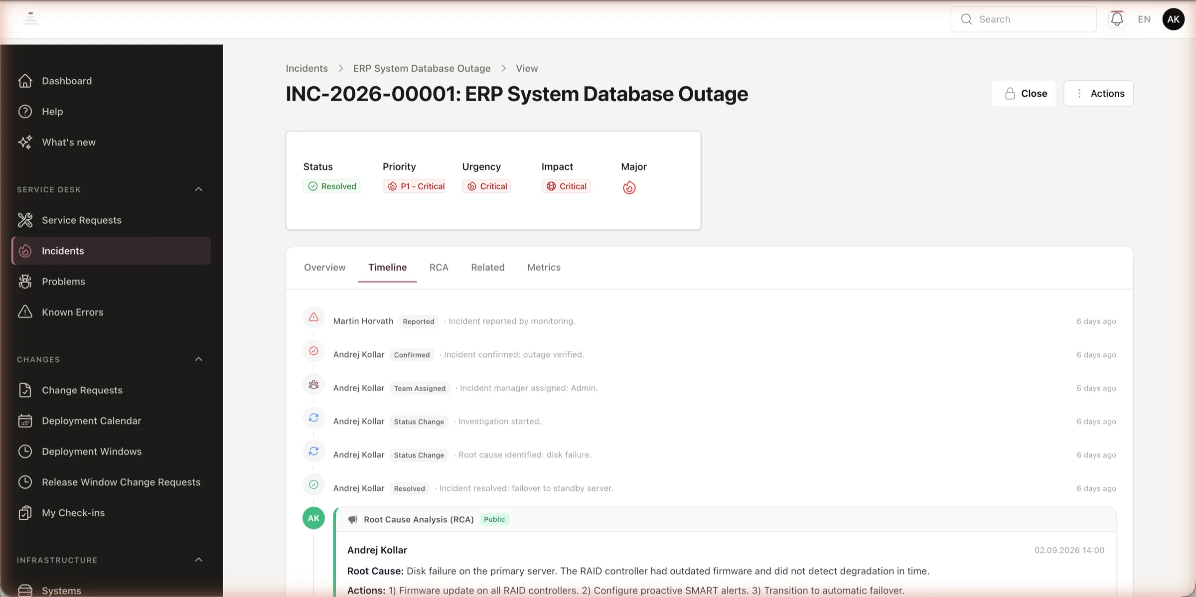 An incident timeline listing status changes, updates, and SLA events